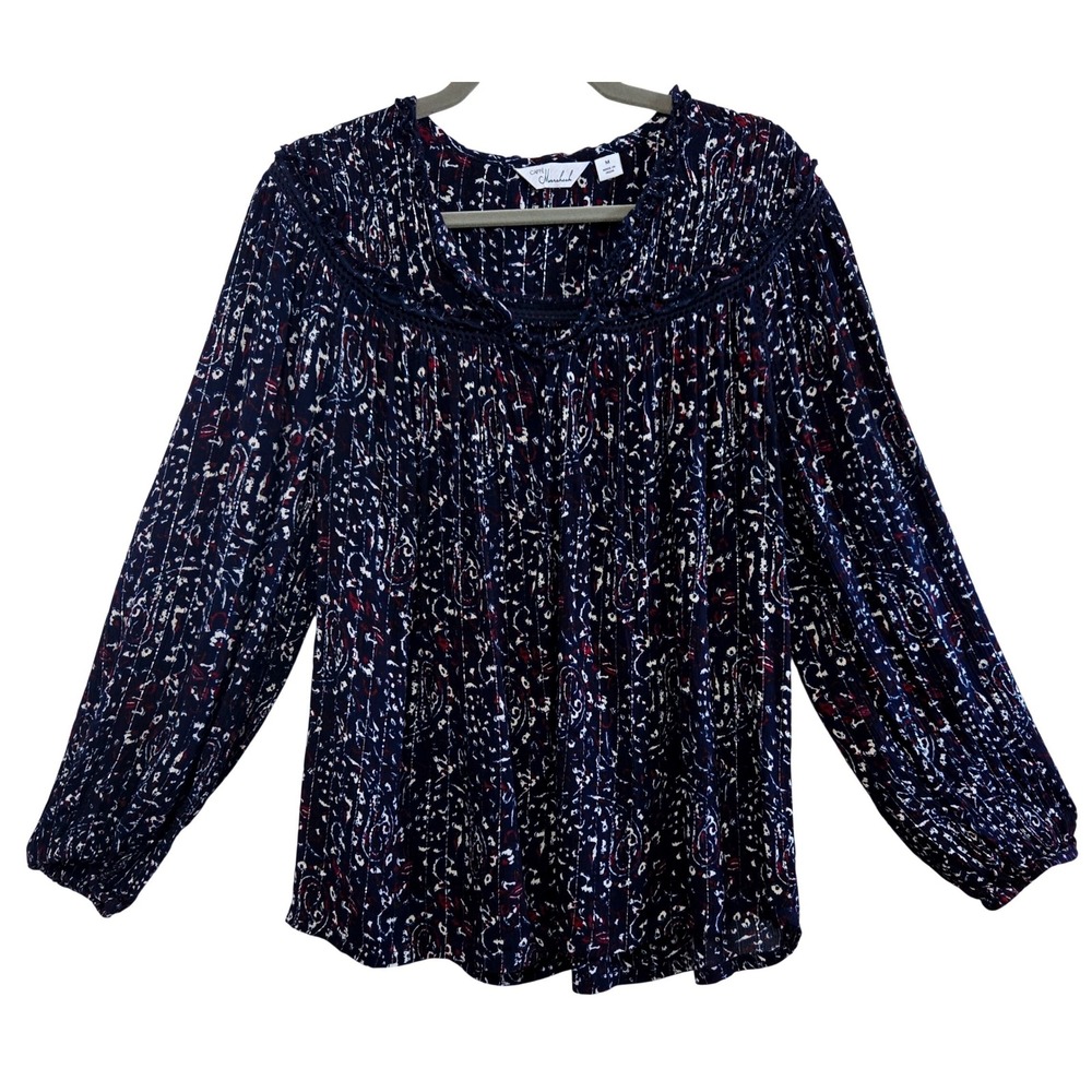 Caffe Marrakesh Navy Paisley Metallic Stripe Boho Peasant Blouse Top Womens Med